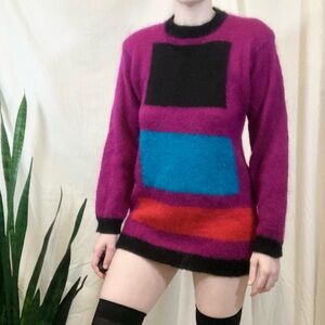 Vintage 1980s CW Clifford & Willis Magenta Abstract Mohair Long Sweater